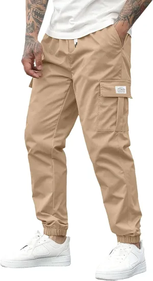 PLEPAN Mens Casual Cargo Joggers Stretch Elastic Waist Drawstring Tapered Sweatpants with Pockets
