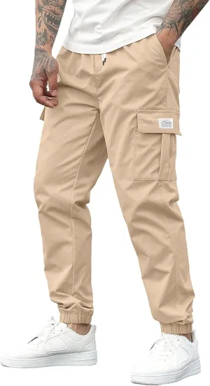 PLEPAN Mens Casual Cargo Joggers Stretch Elastic Waist Drawstring Tapered Sweatpants with Pockets