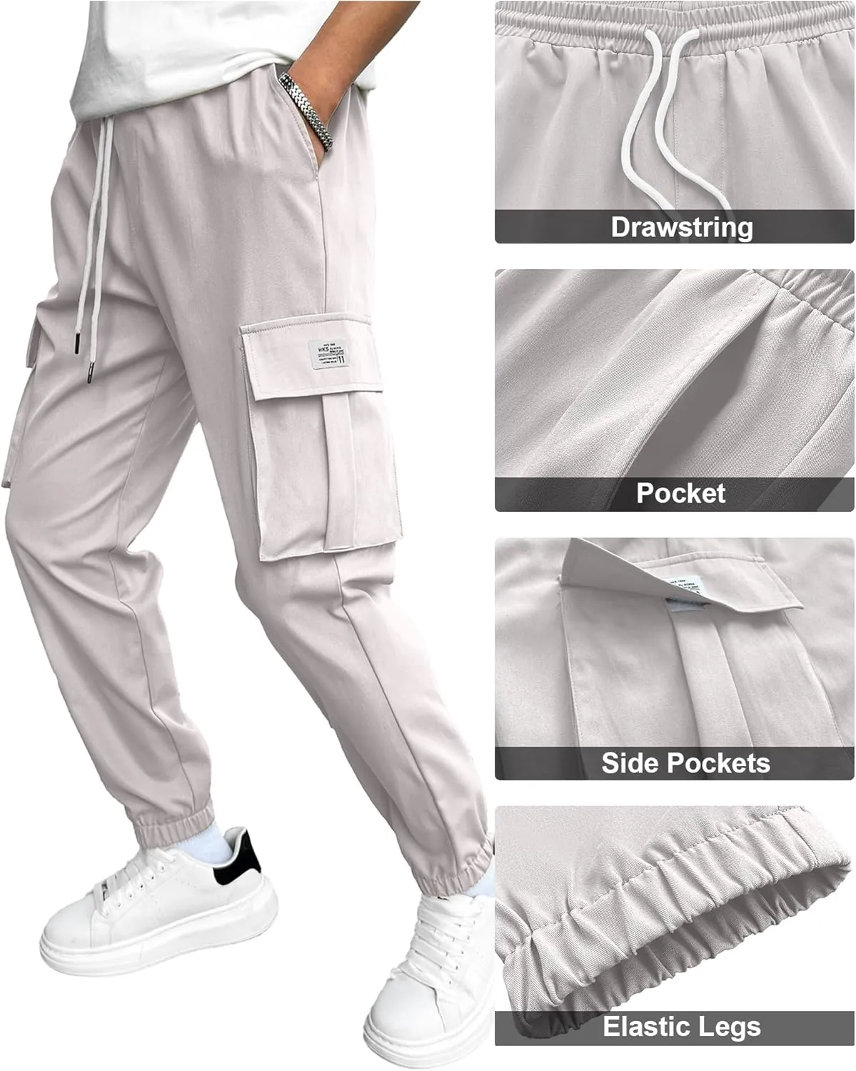 PLEPAN Mens Casual Cargo Joggers Stretch Elastic Waist Drawstring Tapered Sweatpants with Pockets
