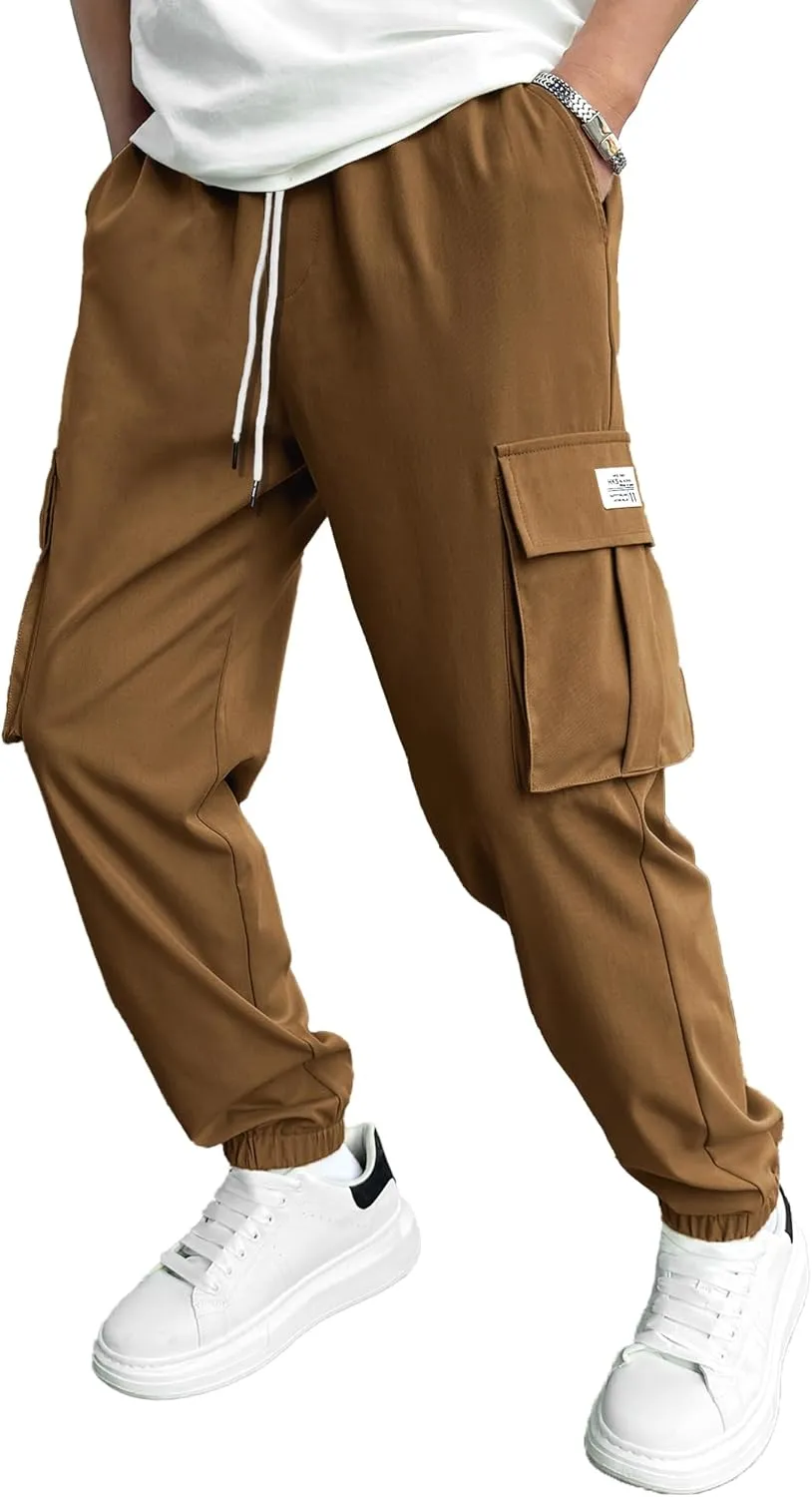 PLEPAN Mens Casual Cargo Joggers Stretch Elastic Waist Drawstring Tapered Sweatpants with Pockets
