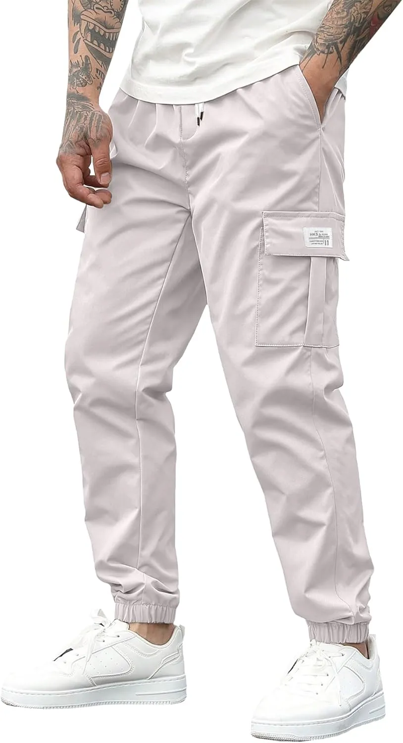 PLEPAN Mens Casual Cargo Joggers Stretch Elastic Waist Drawstring Tapered Sweatpants with Pockets