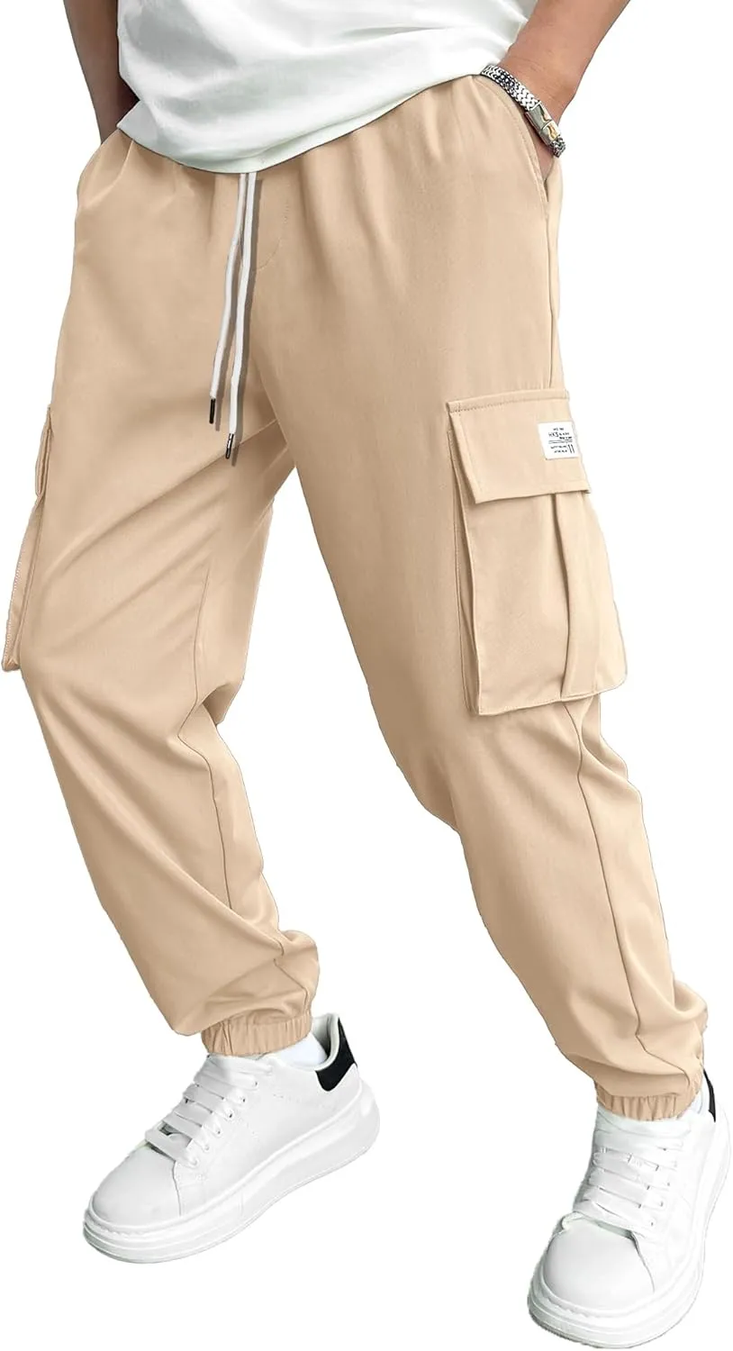 PLEPAN Mens Casual Cargo Joggers Stretch Elastic Waist Drawstring Tapered Sweatpants with Pockets