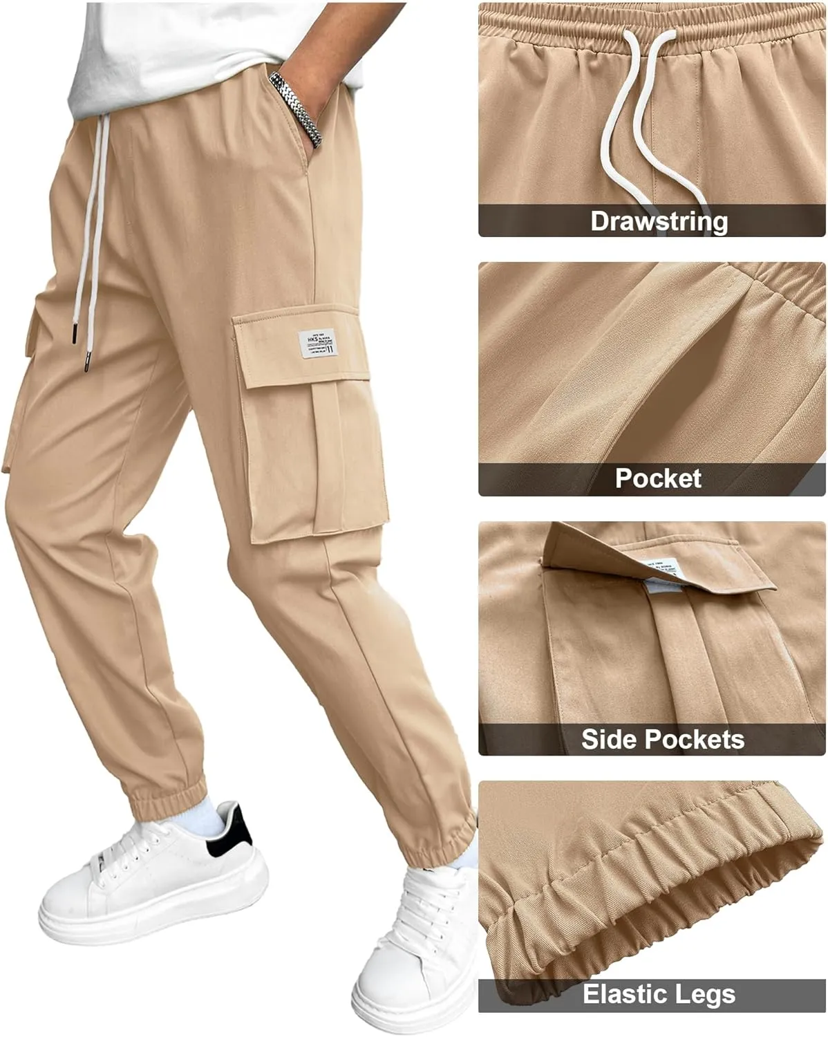 PLEPAN Mens Casual Cargo Joggers Stretch Elastic Waist Drawstring Tapered Sweatpants with Pockets