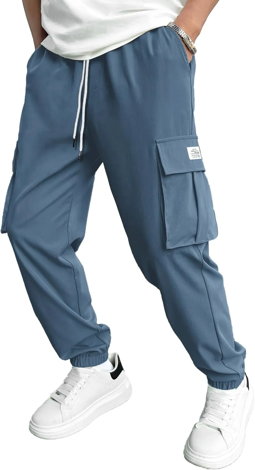 PLEPAN Mens Casual Cargo Joggers Stretch Elastic Waist Drawstring Tapered Sweatpants with Pockets