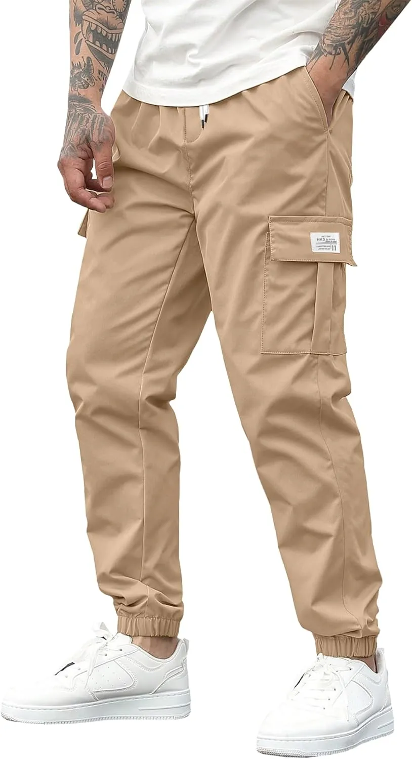 PLEPAN Mens Casual Cargo Joggers Stretch Elastic Waist Drawstring Tapered Sweatpants with Pockets