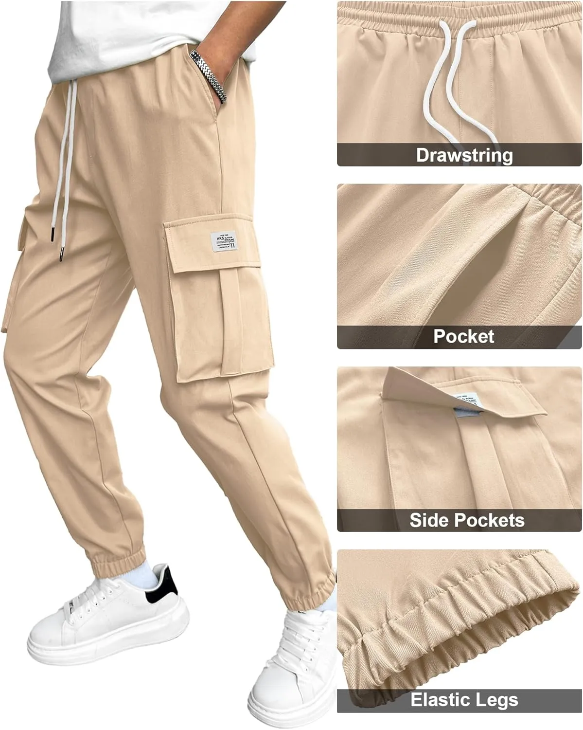 PLEPAN Mens Casual Cargo Joggers Stretch Elastic Waist Drawstring Tapered Sweatpants with Pockets
