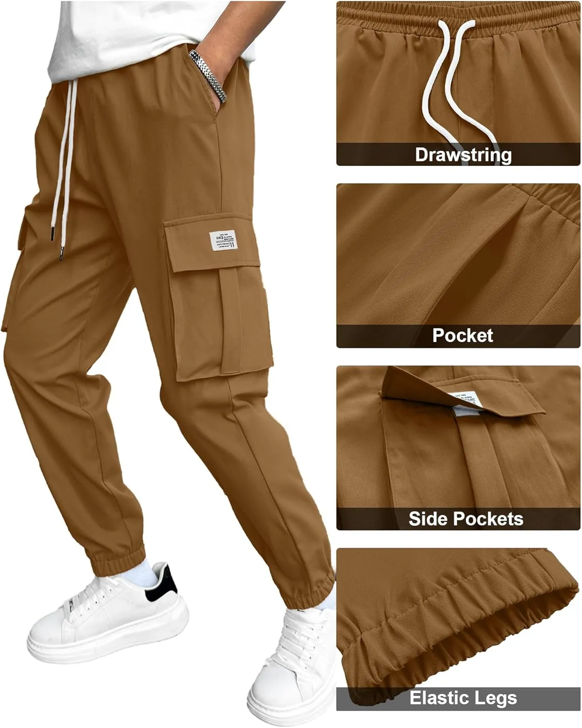 PLEPAN Mens Casual Cargo Joggers Stretch Elastic Waist Drawstring Tapered Sweatpants with Pockets
