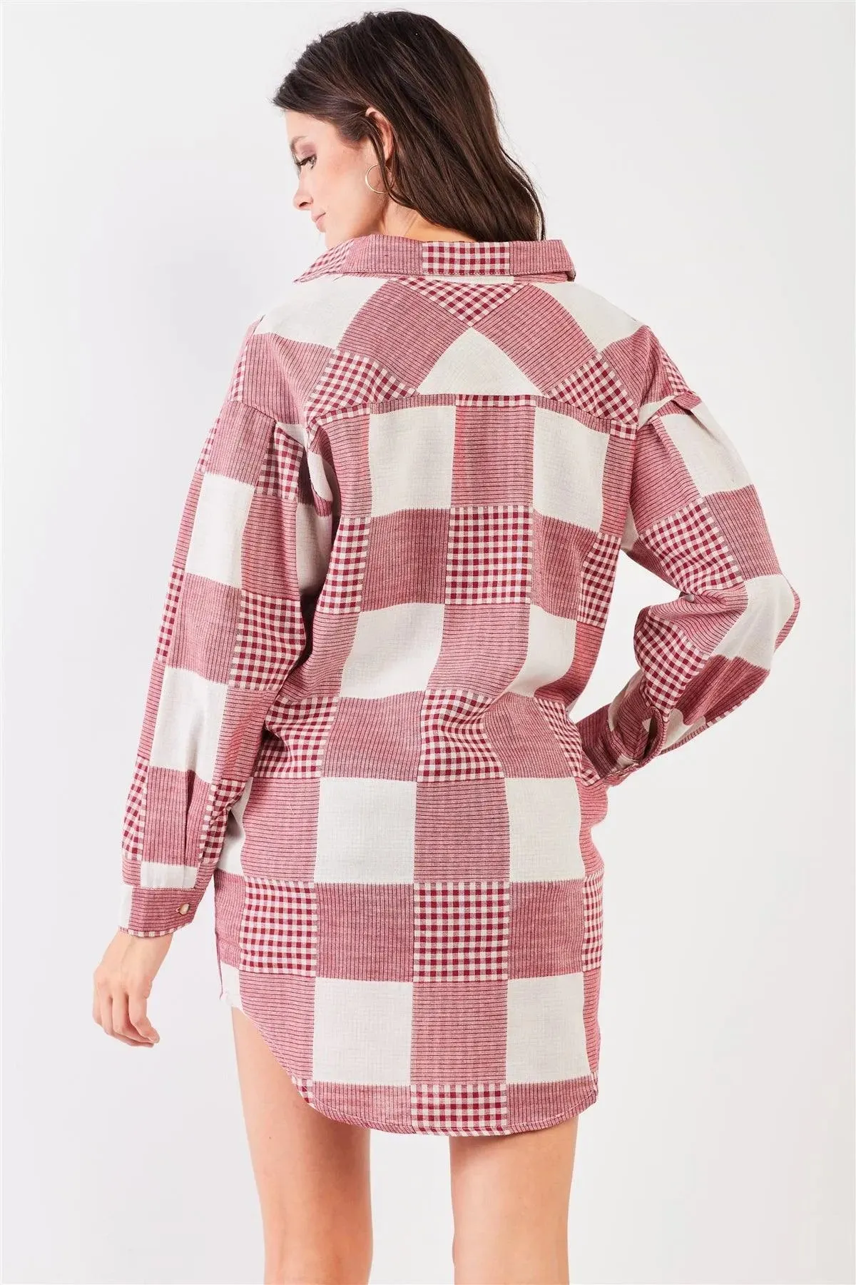 Red & Natural 90s Multi Plaid Oversized Button Down Mini Shirt Dress /2-2-2