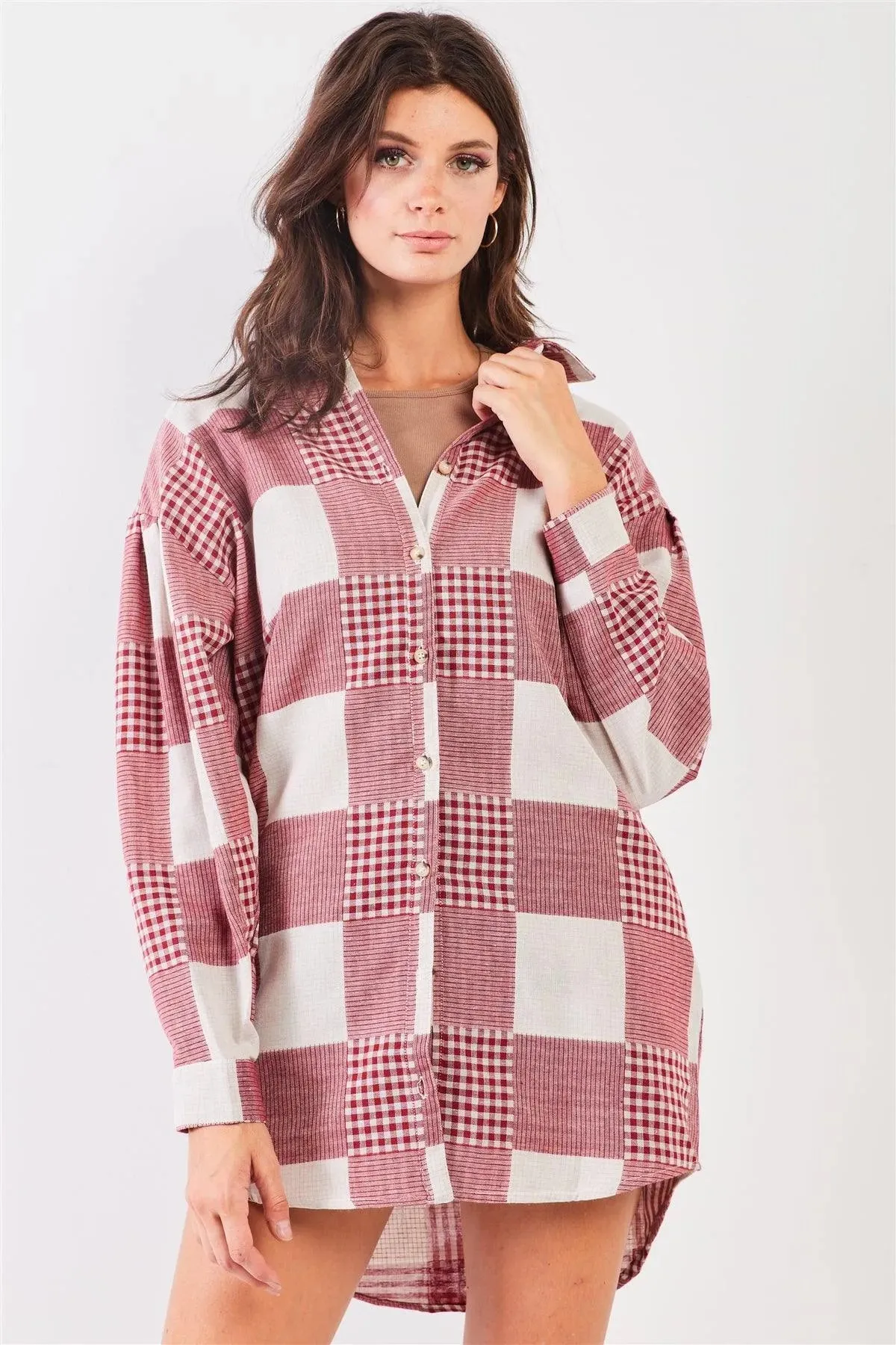 Red & Natural 90s Multi Plaid Oversized Button Down Mini Shirt Dress /2-2-2