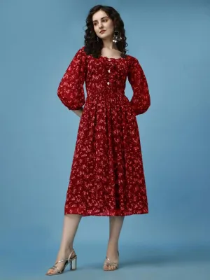 Red Georgette Floral Print Midi Dress