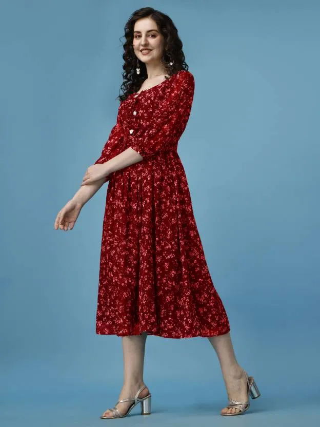 Red Georgette Floral Print Midi Dress