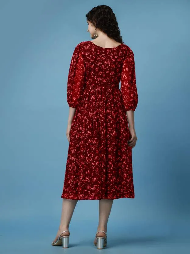 Red Georgette Floral Print Midi Dress