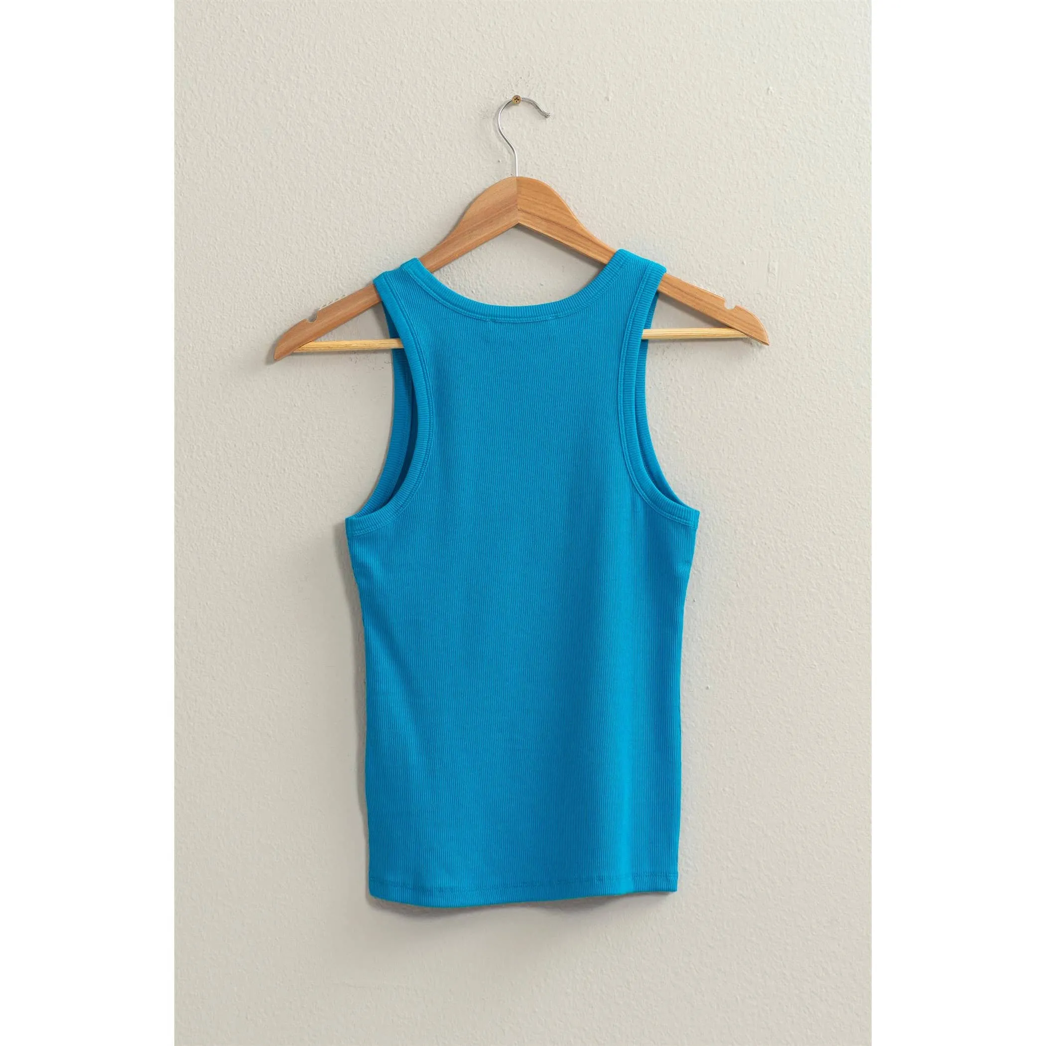 Ribbed Round Neck Tank Top - Blue