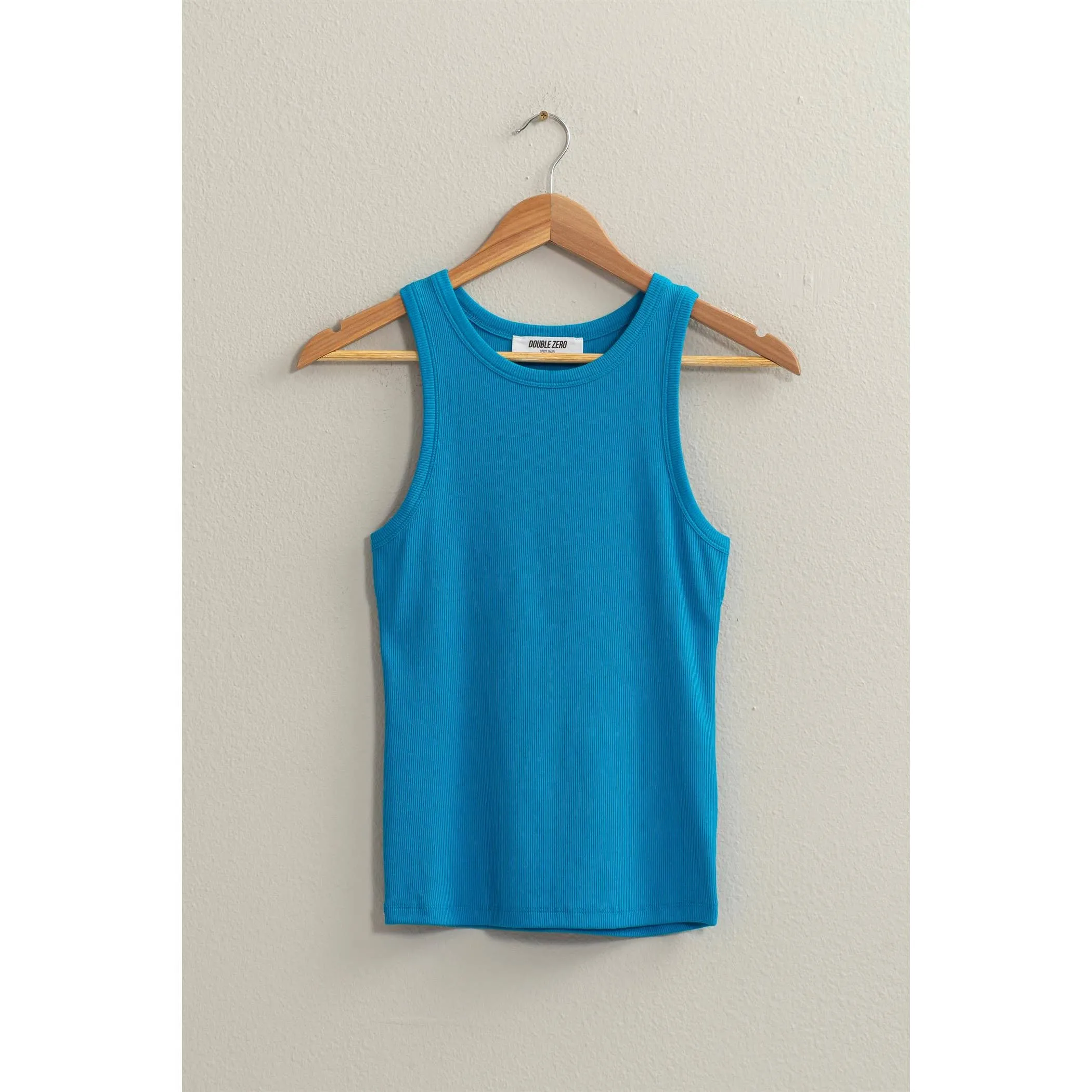 Ribbed Round Neck Tank Top - Blue