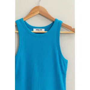 Ribbed Round Neck Tank Top - Blue