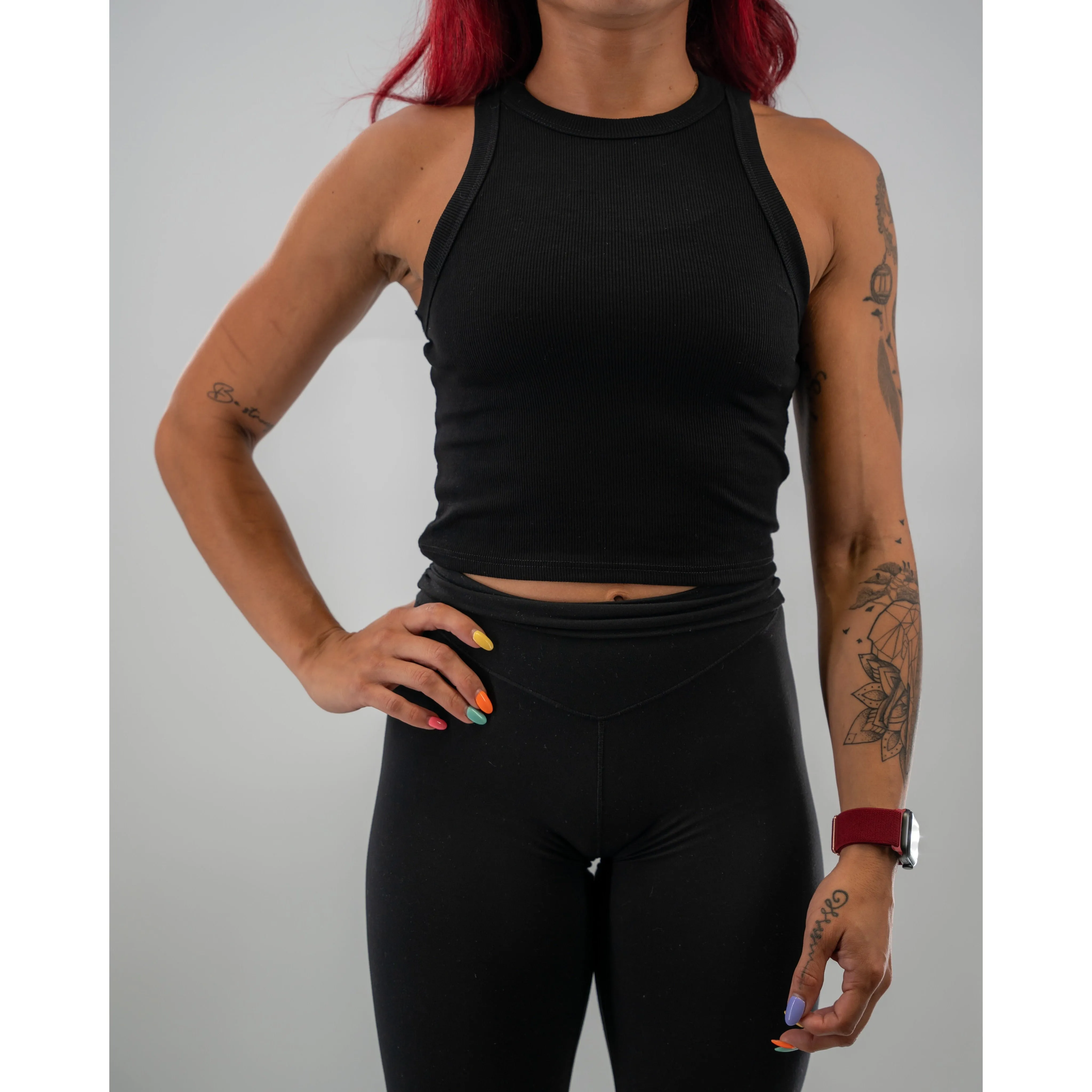 Salty Savage Ladies "Spliced Smile" Micro Ribbed High Neck Crop Tank | Basic