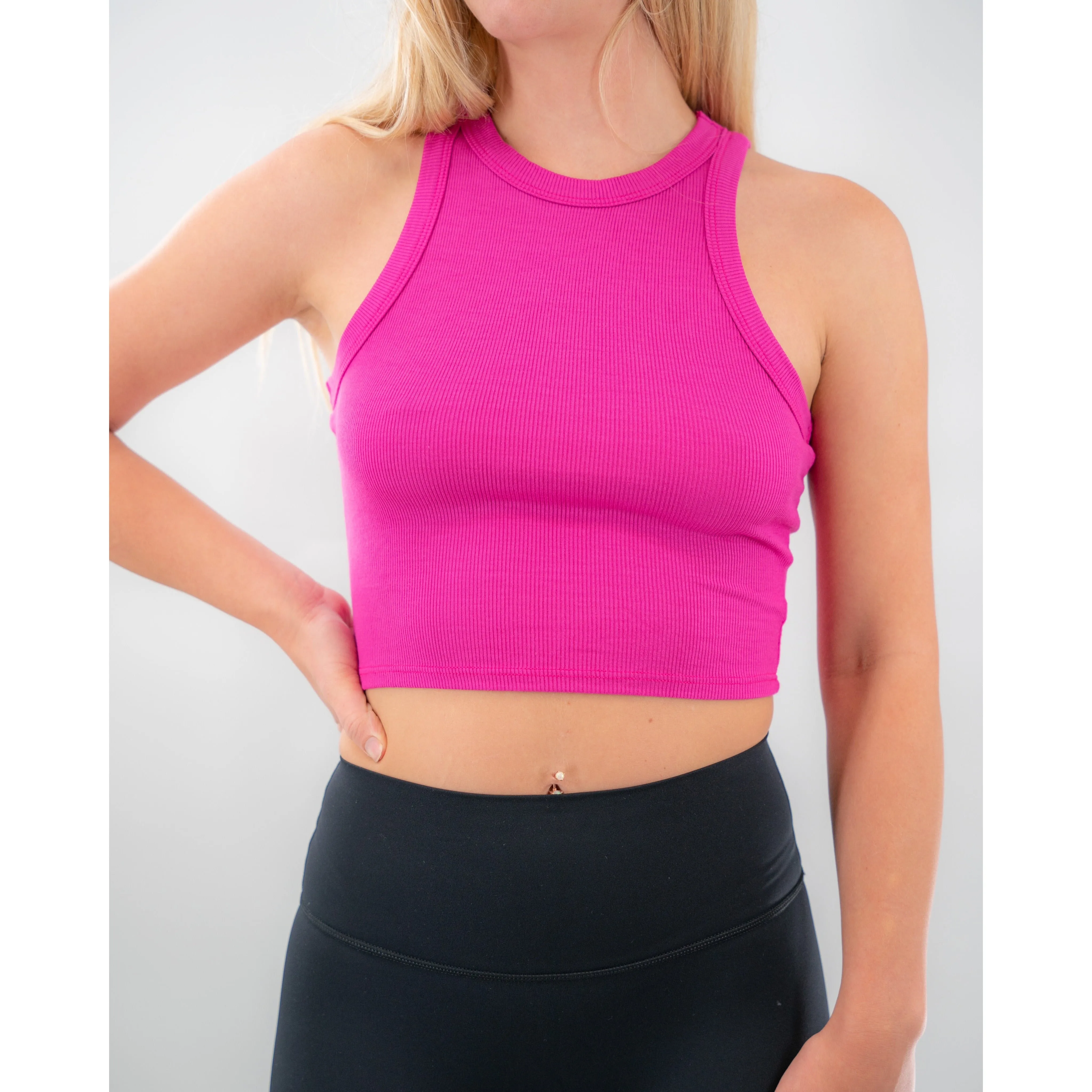 Salty Savage Ladies "Spliced Smile" Micro Ribbed High Neck Crop Tank | Basic