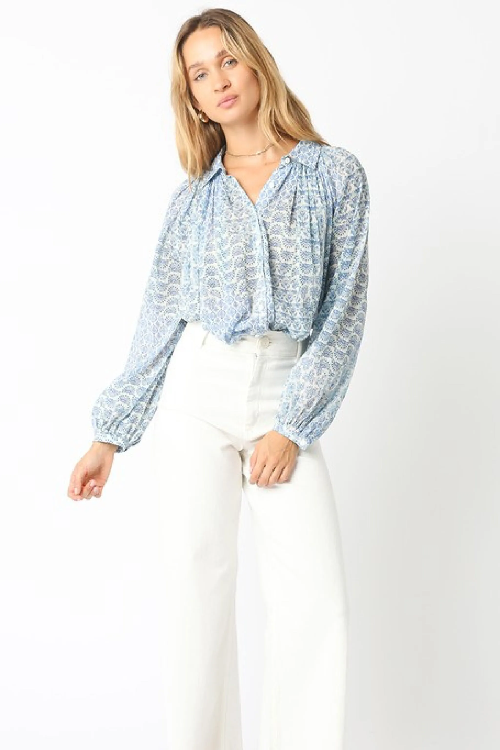 Shirley Long Sleeve Button Down Abstract Print Blouse Blue