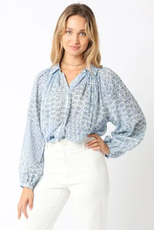 Shirley Long Sleeve Button Down Abstract Print Blouse Blue