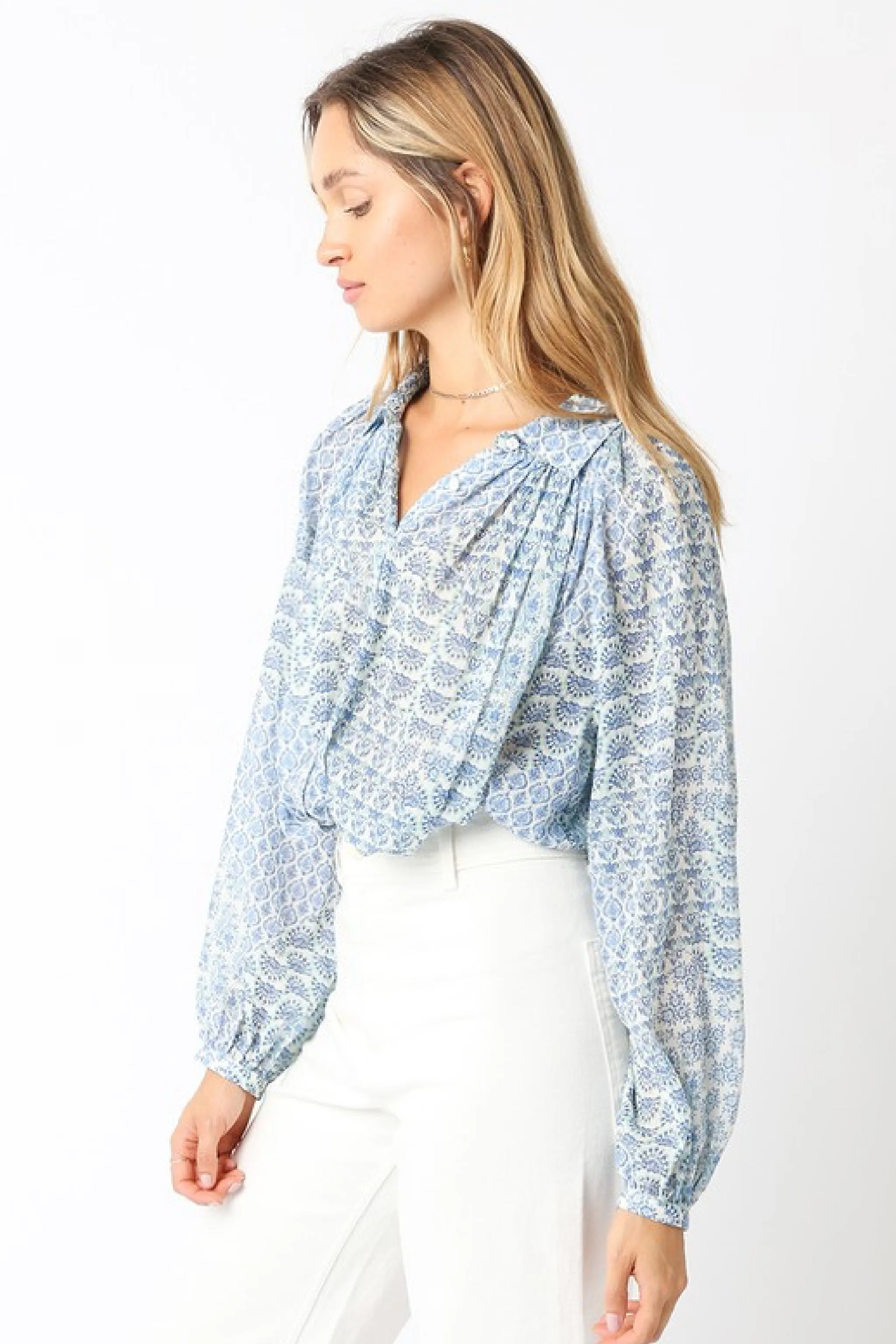 Shirley Long Sleeve Button Down Abstract Print Blouse Blue