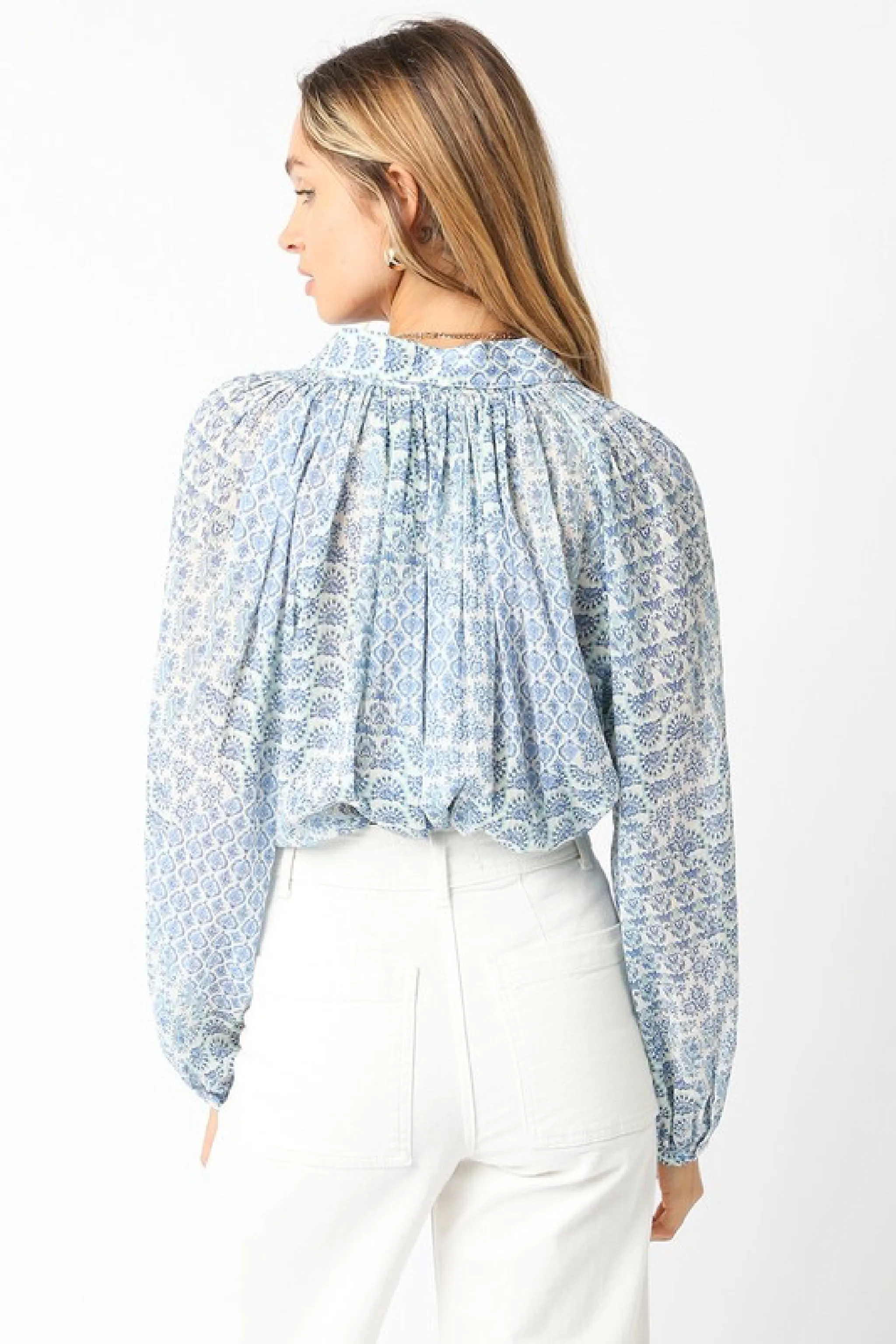 Shirley Long Sleeve Button Down Abstract Print Blouse Blue
