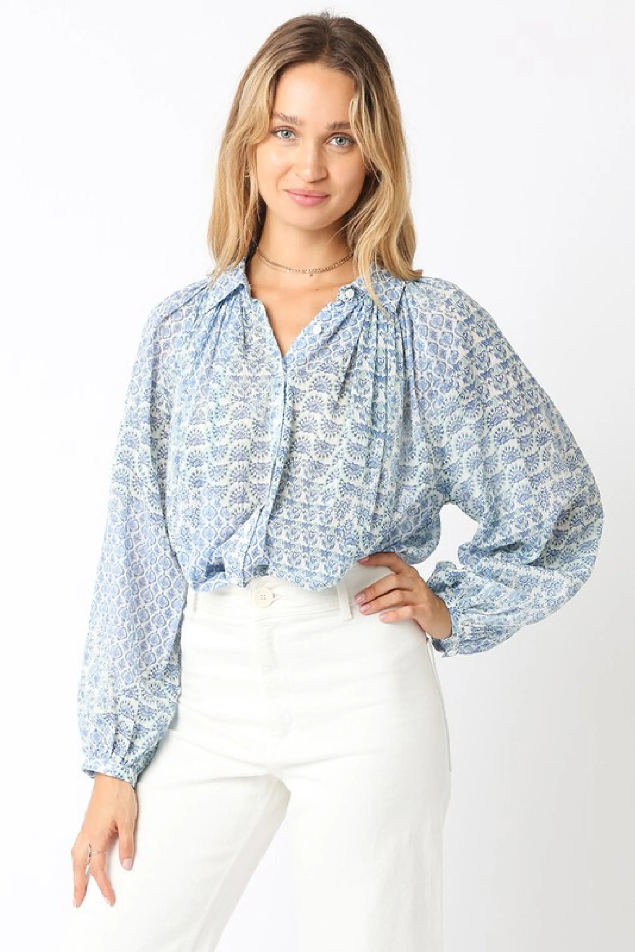 Shirley Long Sleeve Button Down Abstract Print Blouse Blue