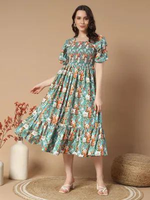 Sky Blue Floral print Midi Dress