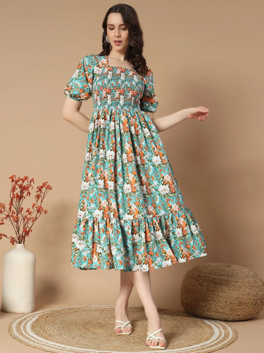Sky Blue Floral print Midi Dress