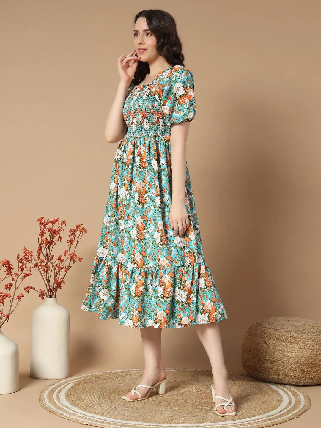 Sky Blue Floral print Midi Dress
