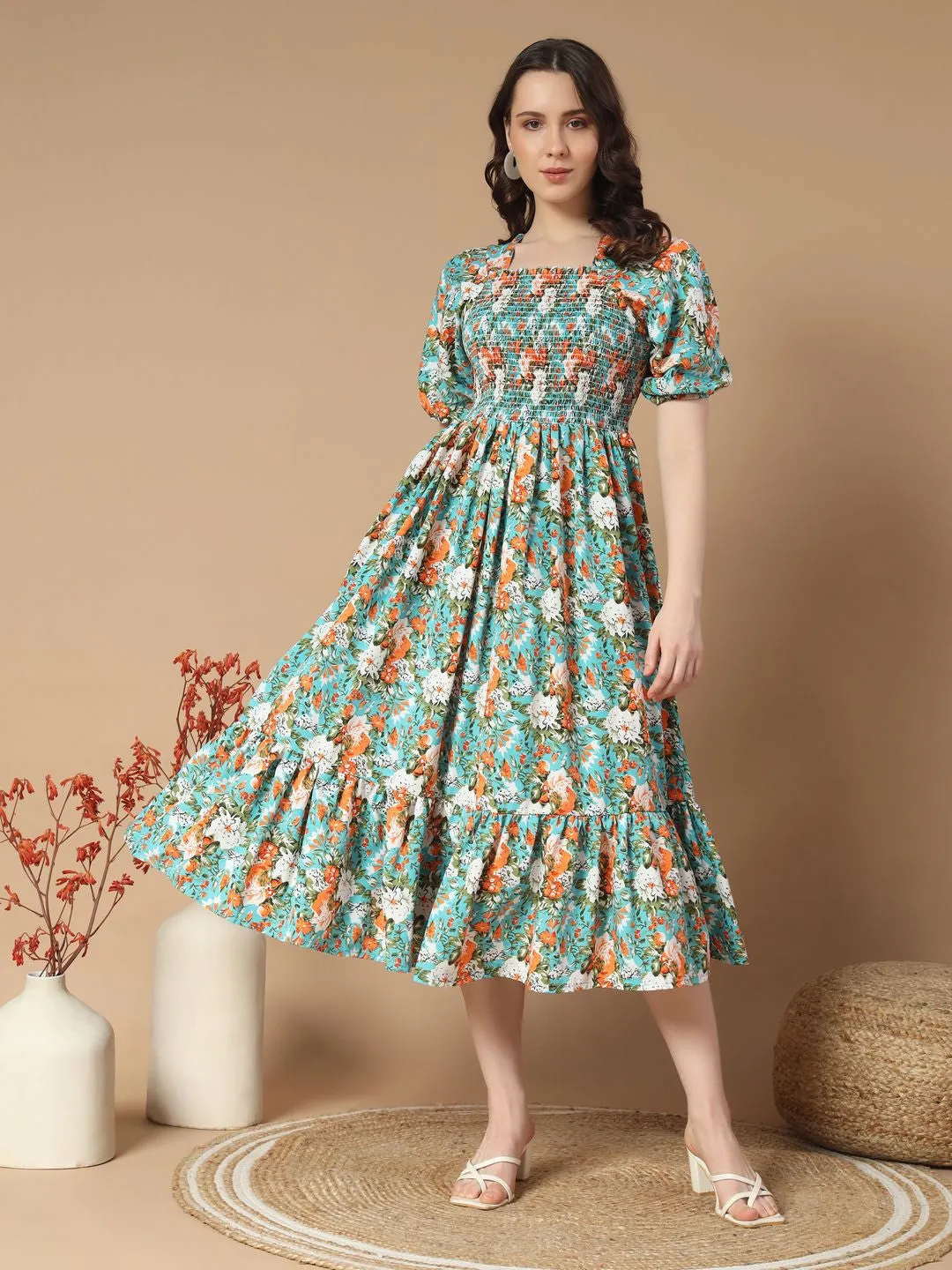 Sky Blue Floral print Midi Dress