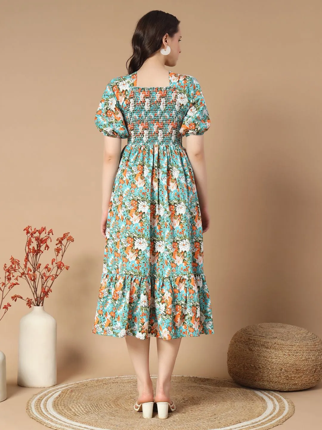 Sky Blue Floral print Midi Dress