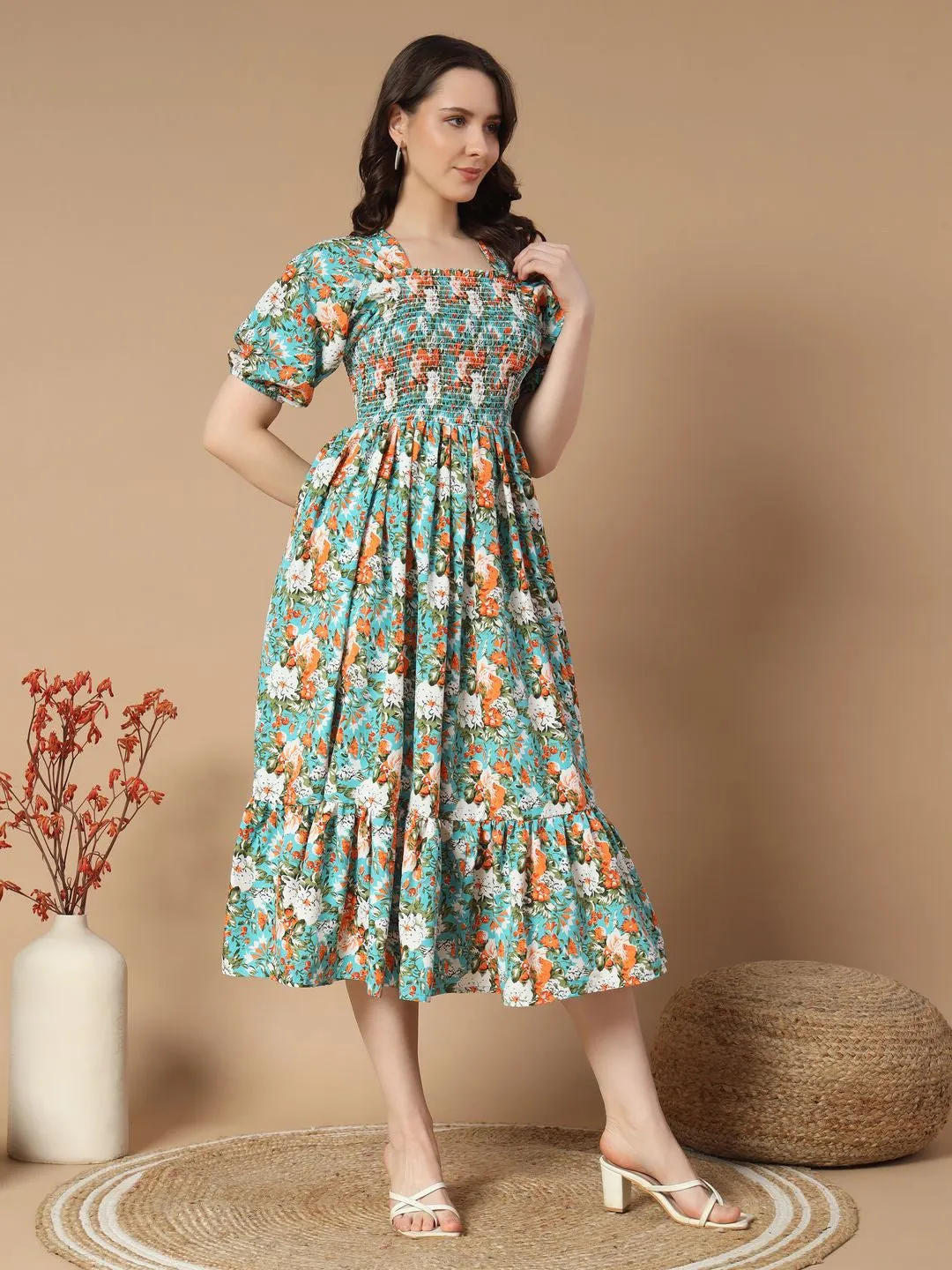 Sky Blue Floral print Midi Dress