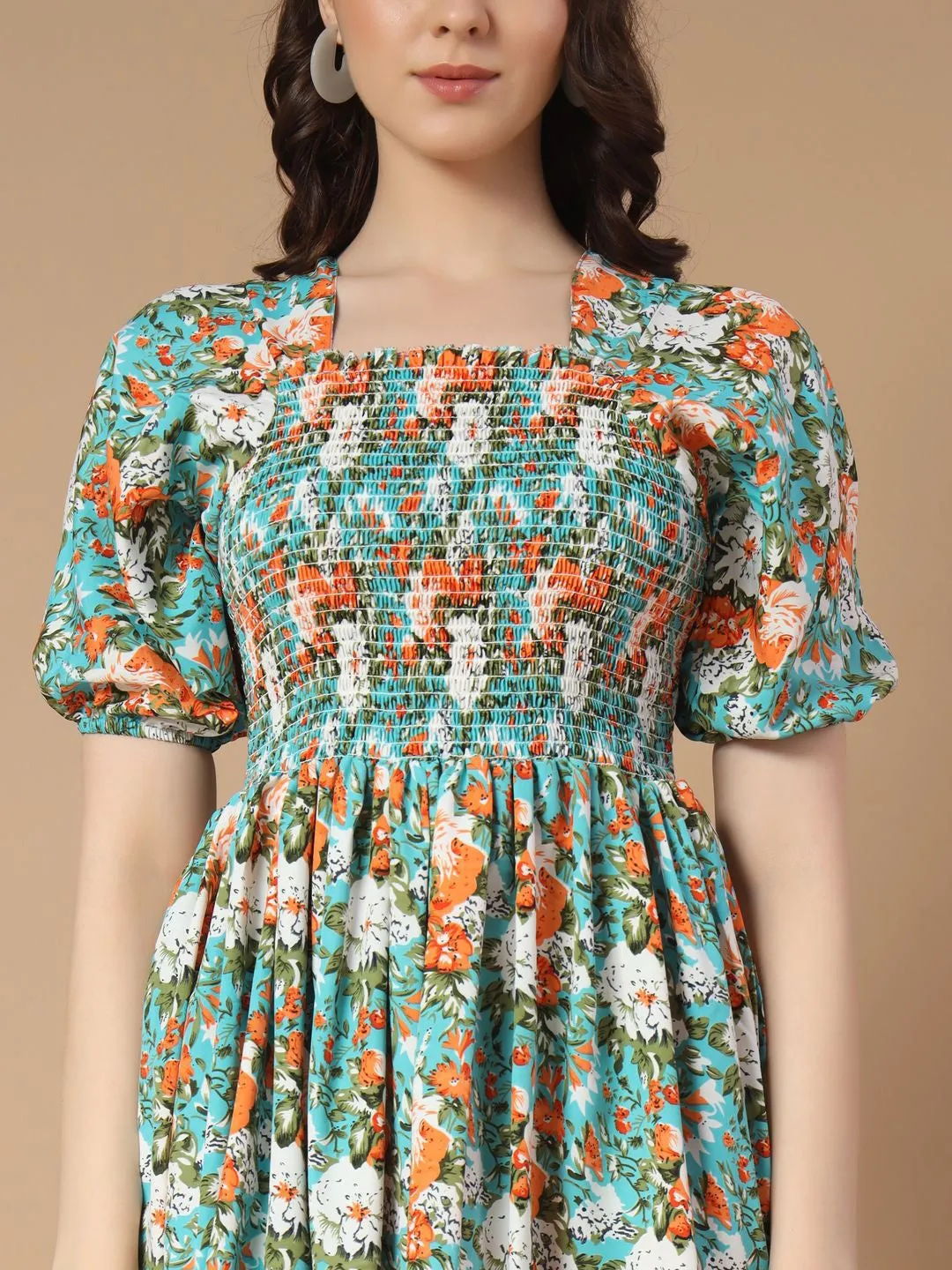 Sky Blue Floral print Midi Dress