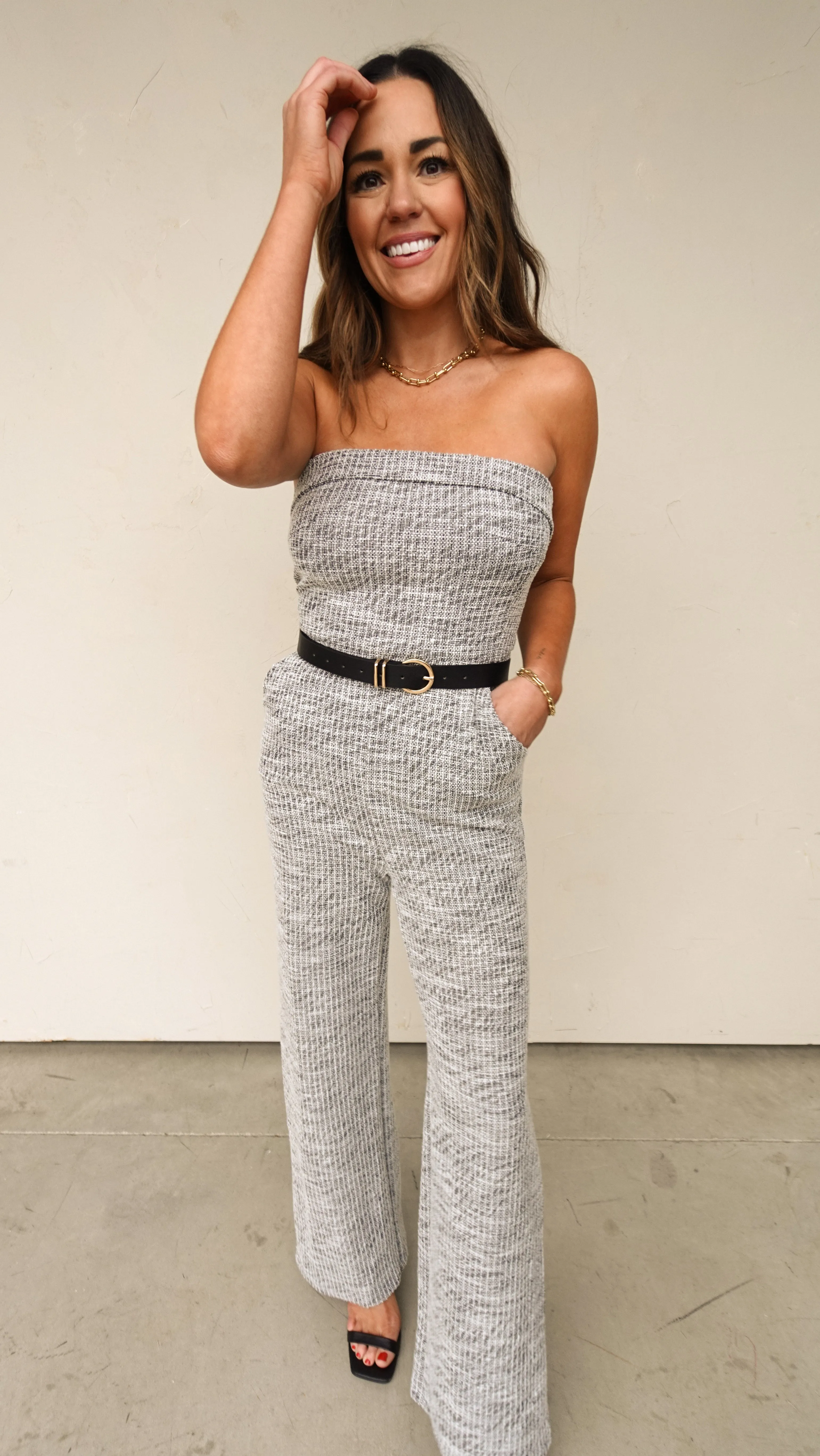 Stretch Tweed Strapless Wide Leg Jumpsuit
