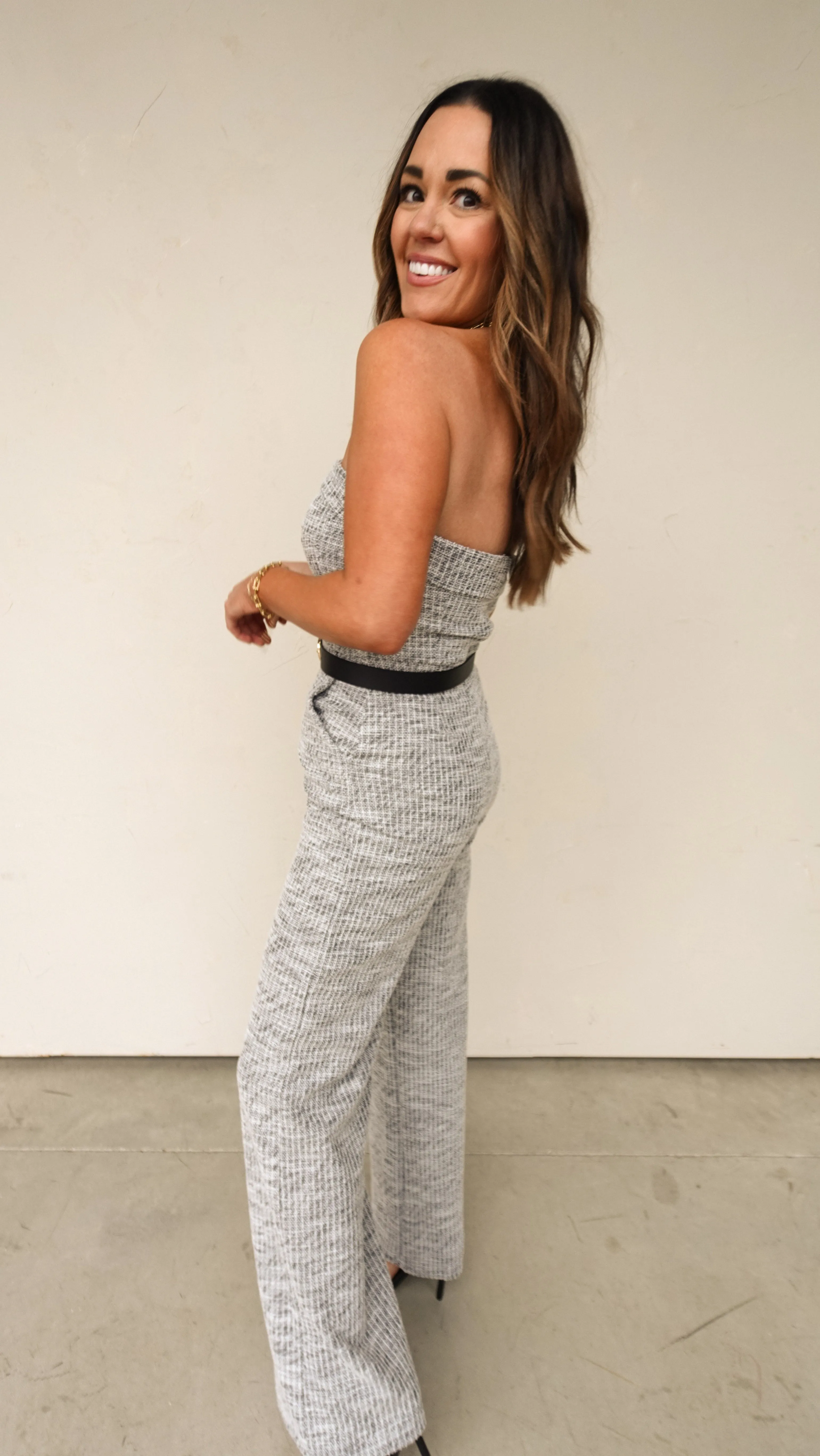 Stretch Tweed Strapless Wide Leg Jumpsuit