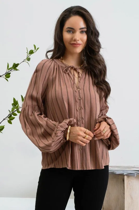 Striped Peasant Blouse - Brown