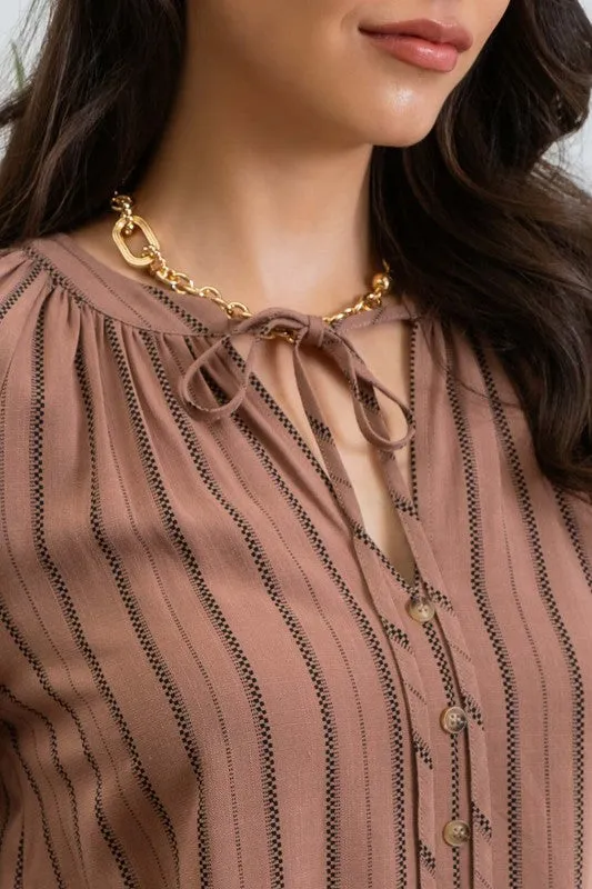 Striped Peasant Blouse - Brown