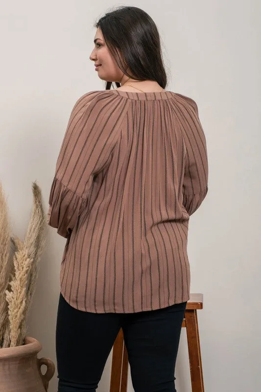Striped Peasant Blouse - Brown