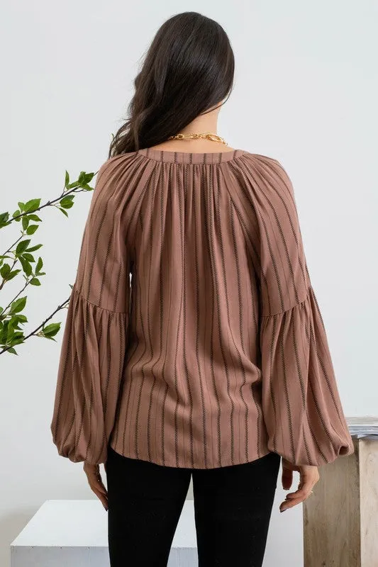 Striped Peasant Blouse - Brown