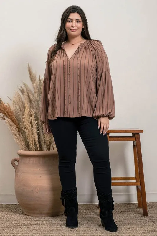 Striped Peasant Blouse - Brown