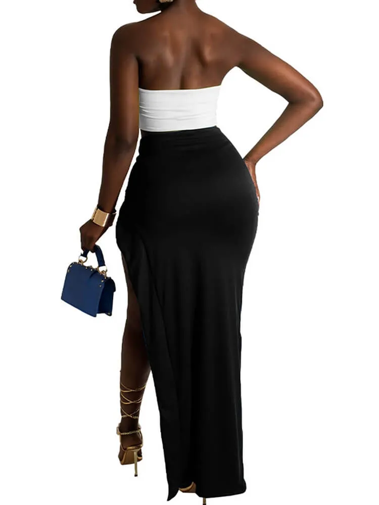 Two Piece Crop Top High Slit Midi  Skirt Set