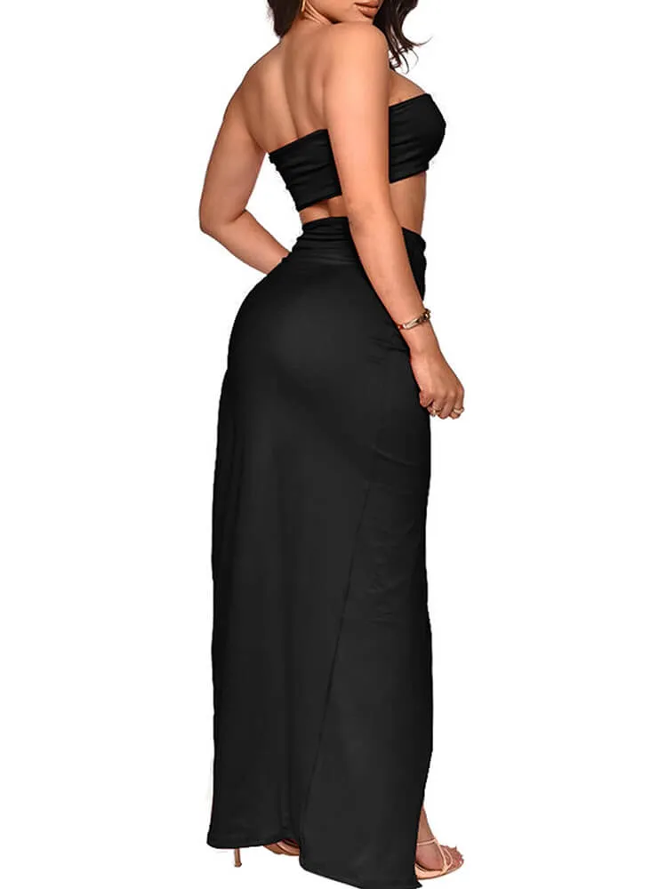 Two Piece Crop Top High Slit Midi  Skirt Set