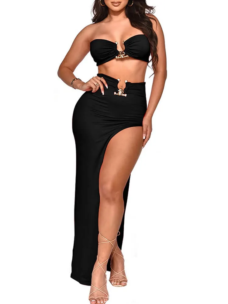 Two Piece Crop Top High Slit Midi  Skirt Set