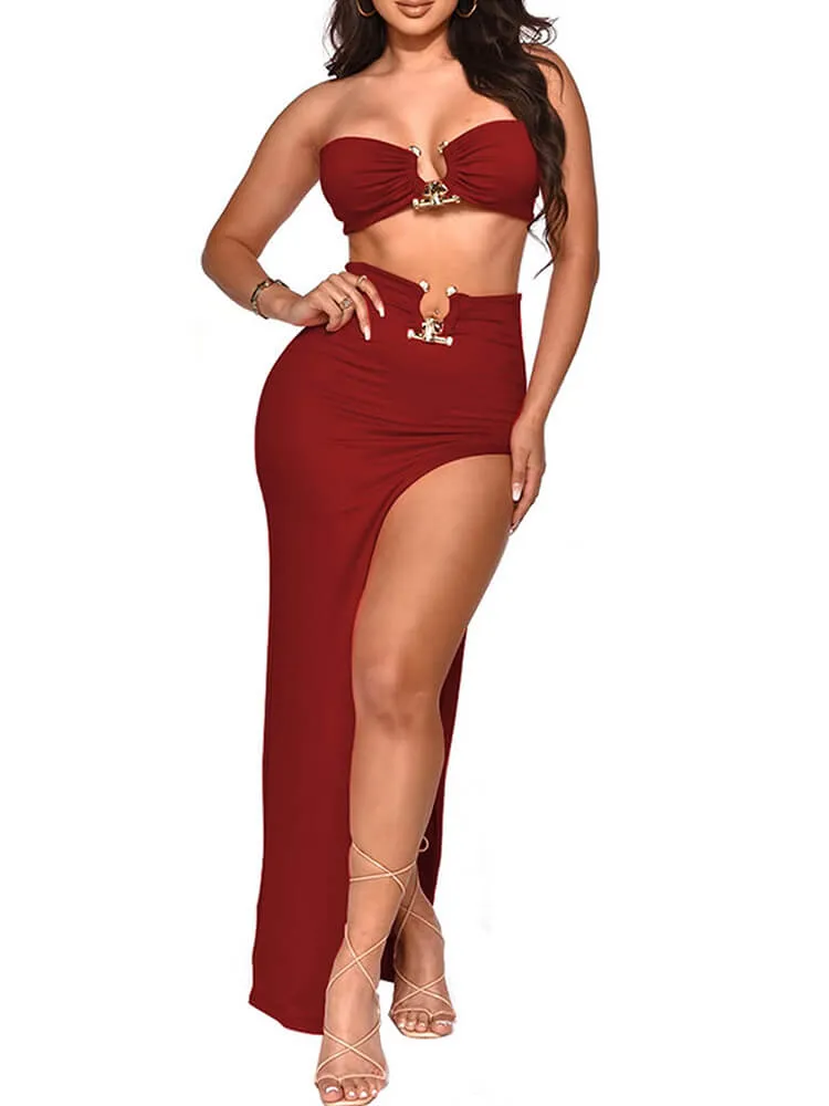 Two Piece Crop Top High Slit Midi  Skirt Set