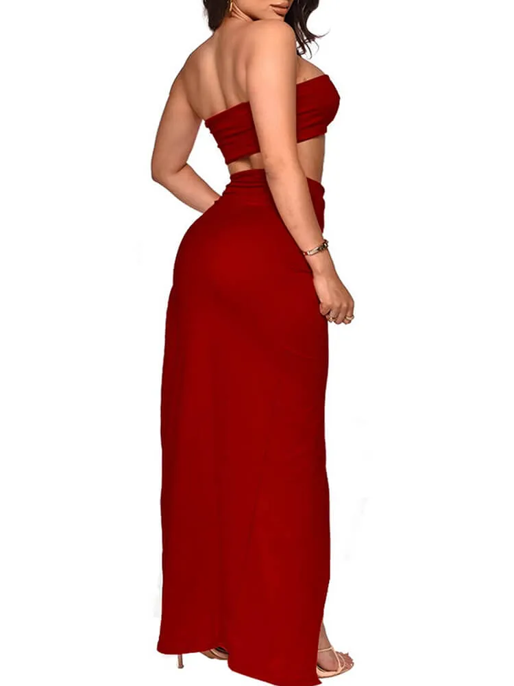 Two Piece Crop Top High Slit Midi  Skirt Set