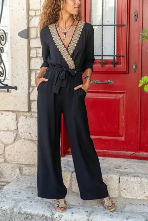 Vintage Jumpsuit,Straw Detailed Belted Pocket Cotton Jumpsuit, Casual Jumpsuit,Summer Jumpsuit Hippie Jumpsuit, Wide Leg Jumpsuit