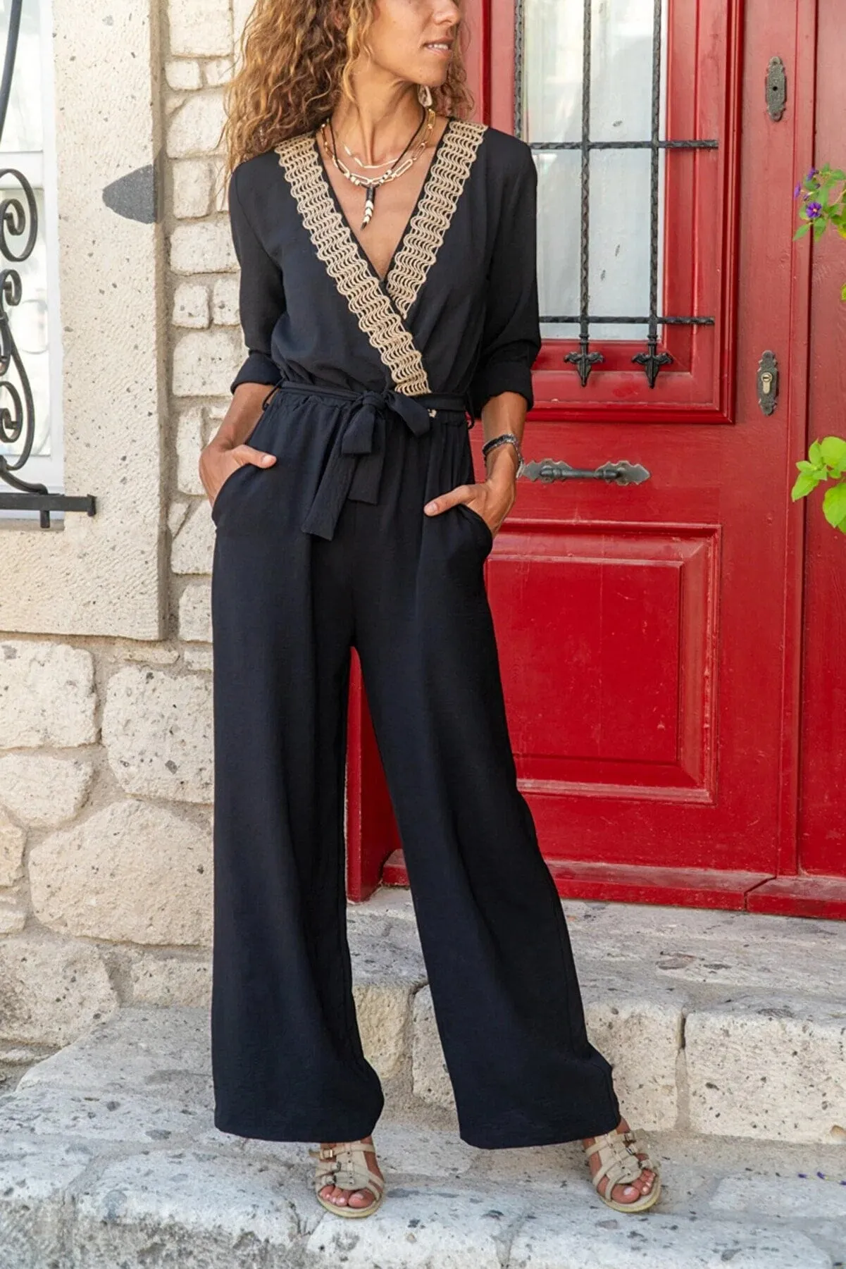 Vintage Jumpsuit,Straw Detailed Belted Pocket Cotton Jumpsuit, Casual Jumpsuit,Summer Jumpsuit Hippie Jumpsuit, Wide Leg Jumpsuit
