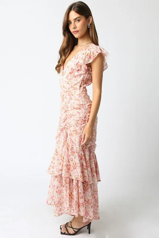 Waitlist 2/5 ♥ Carolina Short Sleeve Floral Print Shirred Maxi Dress Pink