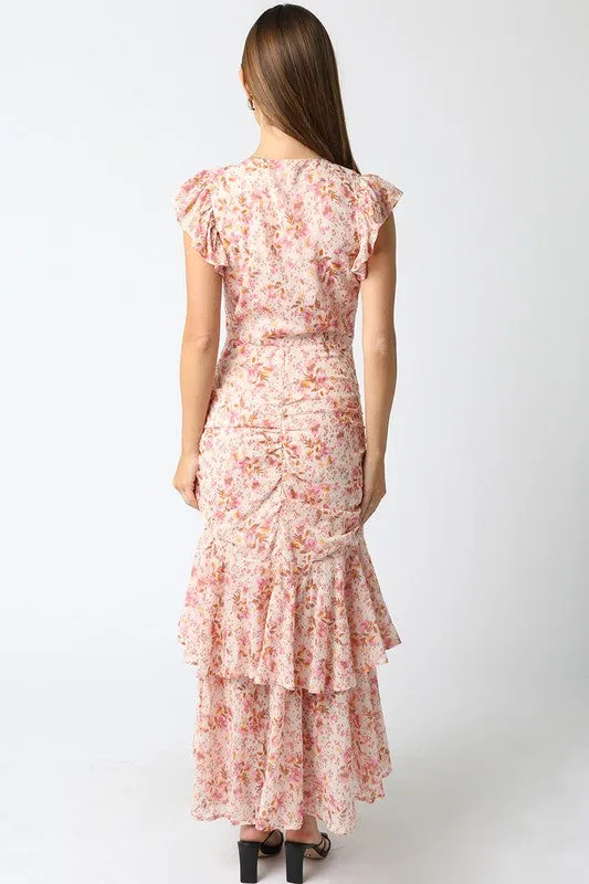 Waitlist 2/5 ♥ Carolina Short Sleeve Floral Print Shirred Maxi Dress Pink