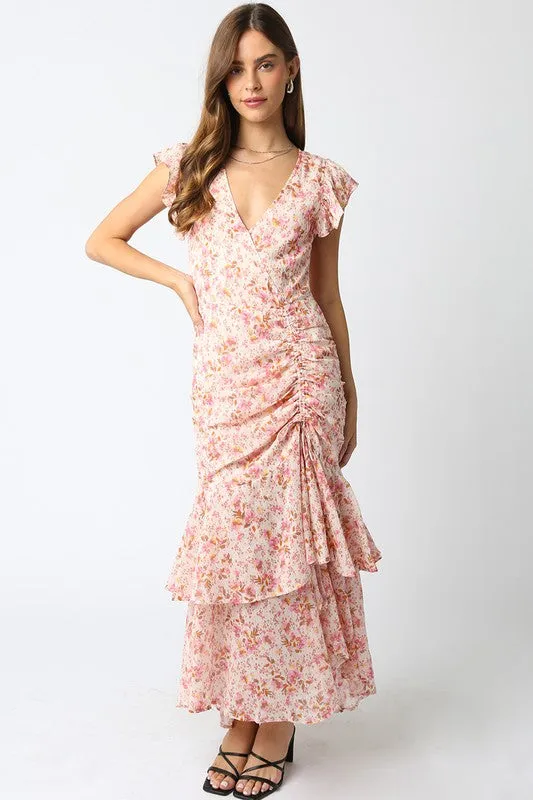 Waitlist 2/5 ♥ Carolina Short Sleeve Floral Print Shirred Maxi Dress Pink